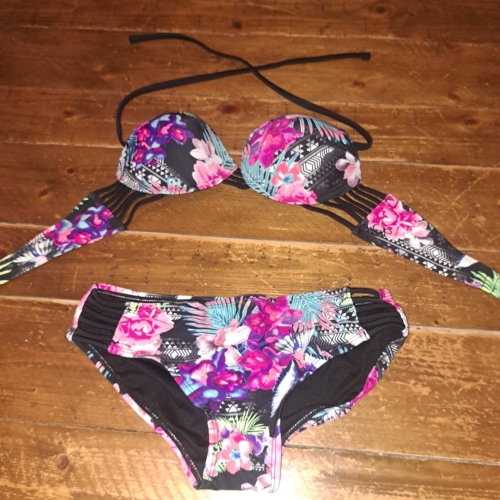 OP Tropical Floral Bikini - Black and Pink